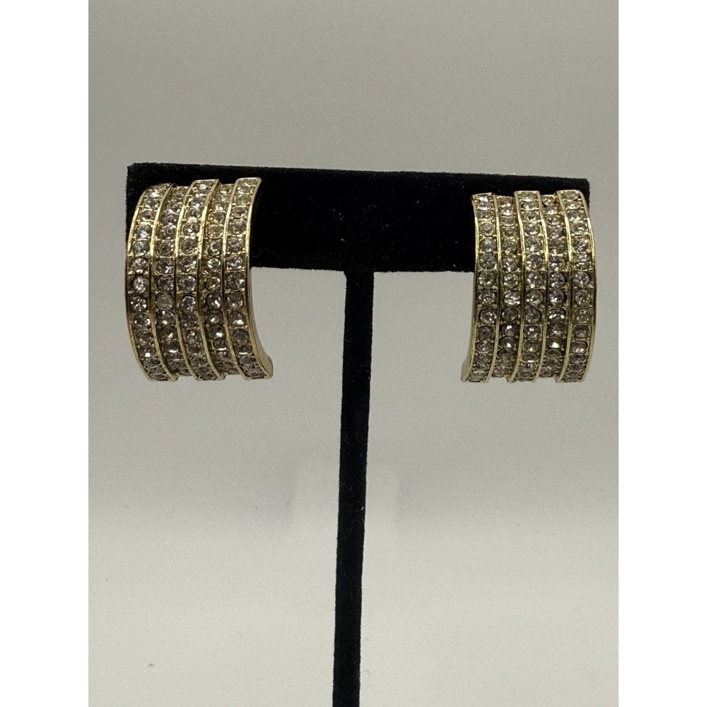 Vintage Clip On Earrings Clear Rhinestone Pave Half Hoop Gold Tone